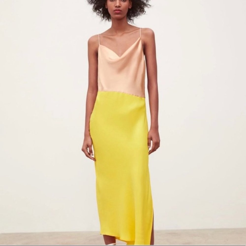 Zara satin colorblock yellow and tan midi slip dress